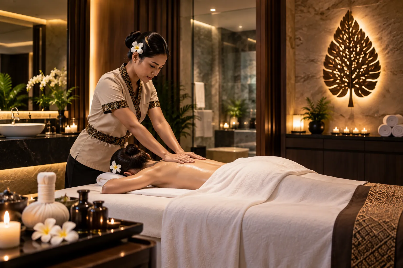 Therapist performing a massage in a private treatment room at Novara Thai Spa, Dubai